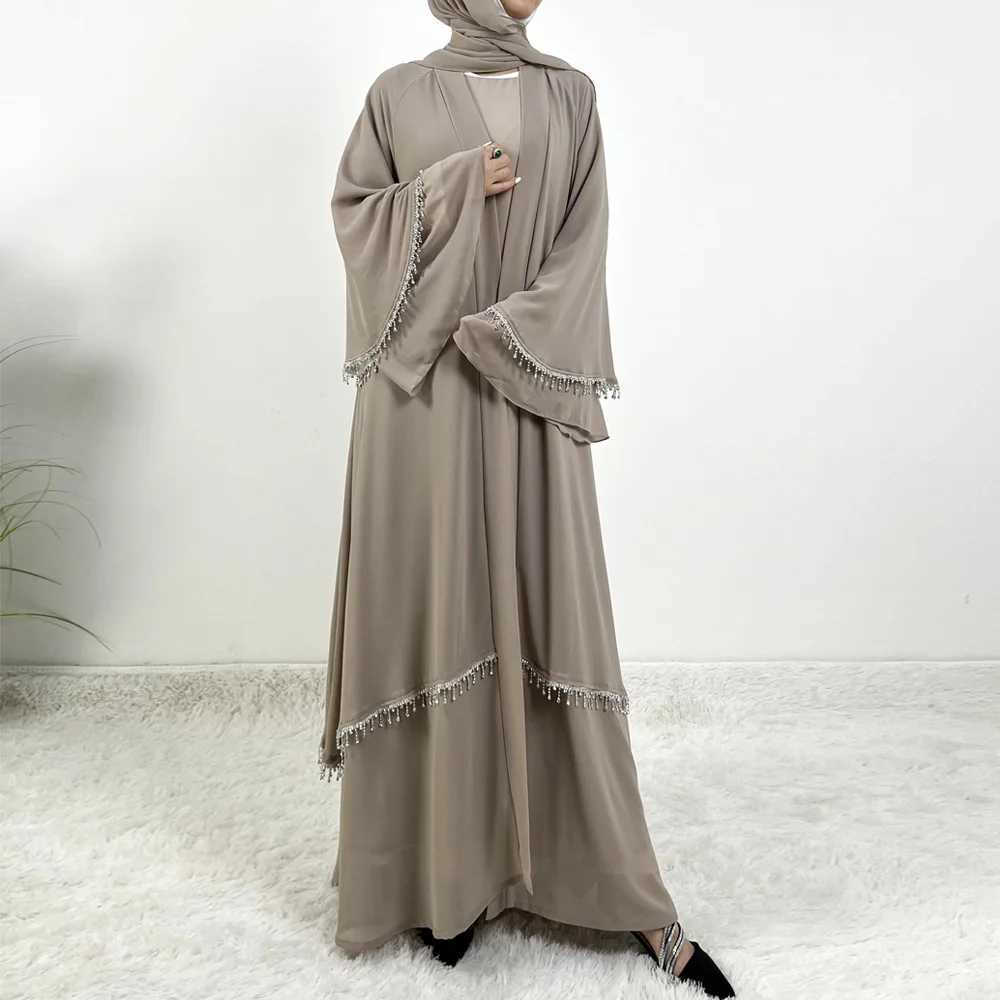 Muslim Women Chiffon Kimono Open Abaya Maxi Dress 2 Piece Matching Set Dubai Kaftan Ramadan Islam Clothing Ka Jalabiya Robe X250514