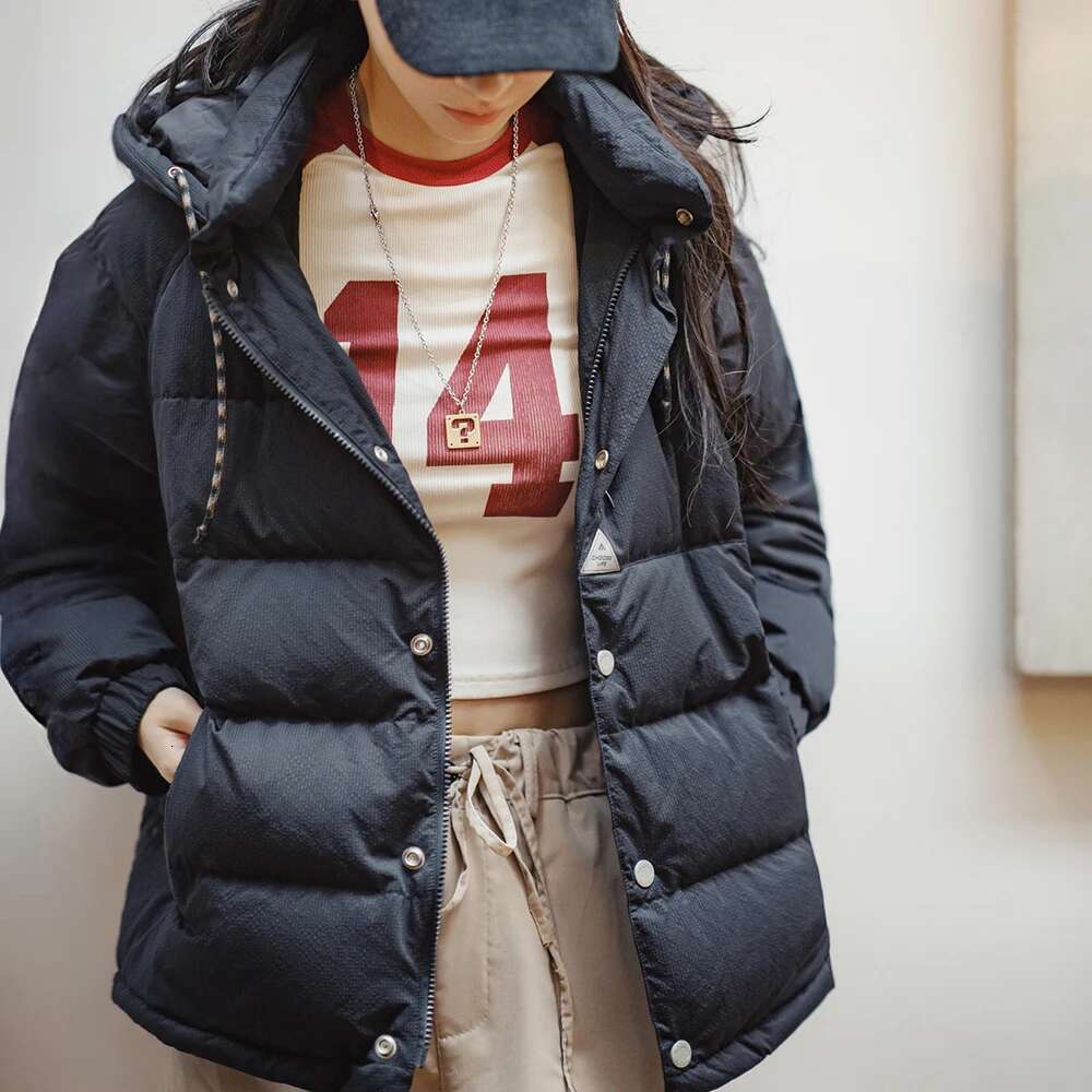 Maden Women's Winter Thickened 90 White Duck Down Navy Blue Hooded Jacket High Density Fabric Bubble Grid Warm Top