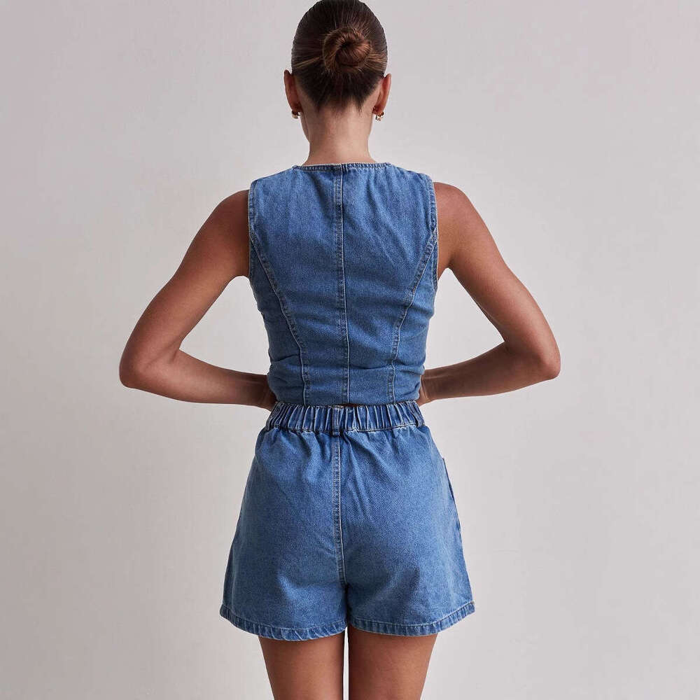 2025 Spring/summer New Fashion Sleeveless High Waist Loose Cowboy Shorts Set Washable Gentle Wind Show Thinness Long Printing New Pattern Fashion New 