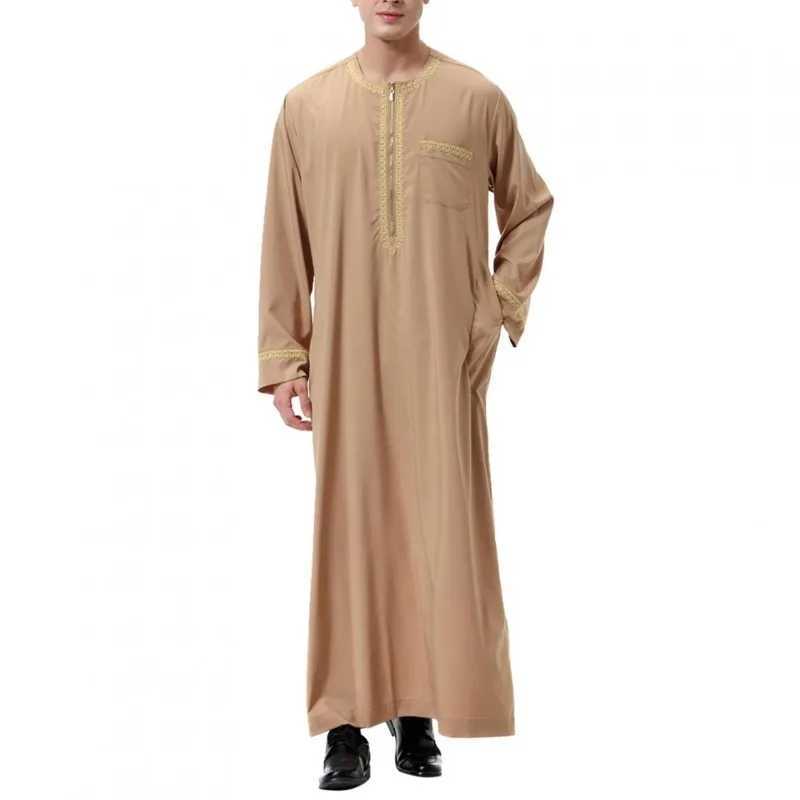 Mens Muslim Robes Middle East Arab Ramadan Islamic Clothing Solid Color Casual Lace Round Neck Long Sleeve T-shirt Dress Tunic X250514