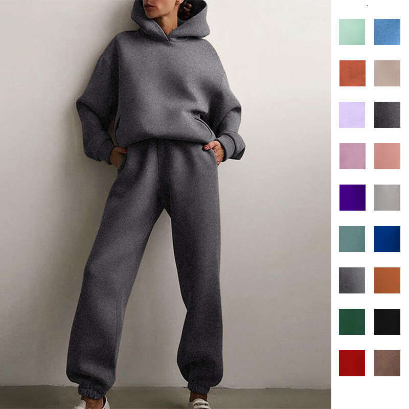 2025 Spring Womens Solid Color Casual Fashion Pants Thickened Sports Hoodie Set for Women Gentle Wind Non-ironing Long Versatile New Pattern New Arriv
