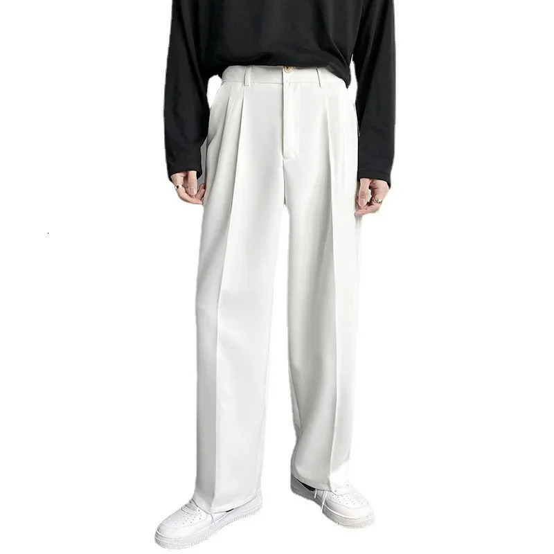 Spring Autumn Korean Style Mens Straight-leg Suit Pants Loose-fit Casual White Wide-leg Trousers Drag-ground Pants 250513