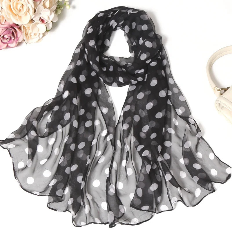 Spring Autumn Korean Version Silk Scarf Long Female Thin Georgie Simulation Simple Polka Dot Fashion Trend 250514