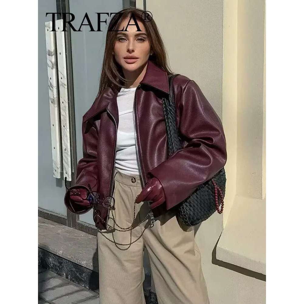TRAFZA Wine Red Faux Leather Jakcet Fashion Outerwear Thicken Zipper Lapel Pu Coats Autumn Winter Streetwear Ladies Tops Women Designer