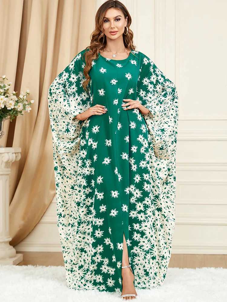Middle Eastern Muslim clothing grn robe bat slve loose floral dress X250514