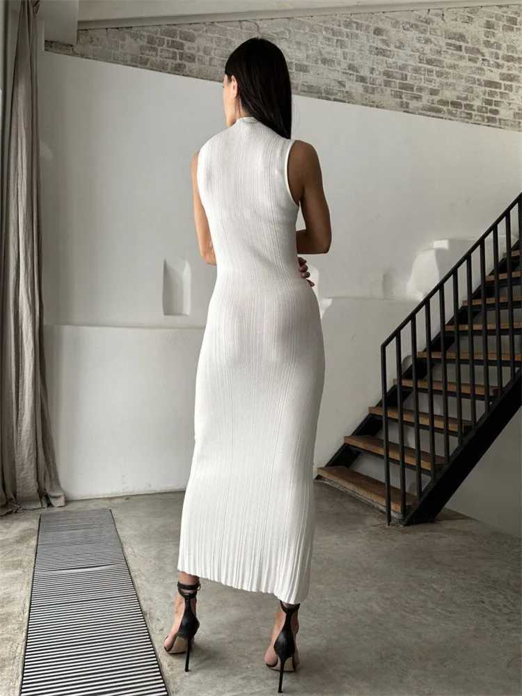 Solid Color Stripe Knitted Slim Long Dresses Women Sleeveless Half Turtleneck Package Hip Bodycon Dress Female Commuting DressXJ250514