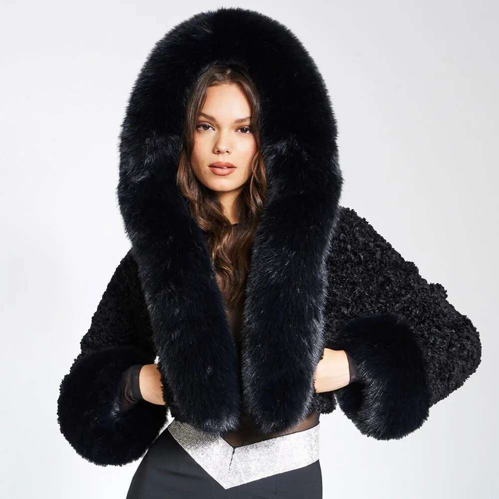 Getspring Women Coat 2024 Autumn Winter Hooded Rabbit Collar Short Imitation Fur Jacket Fashion All Match Solid Warm Tops