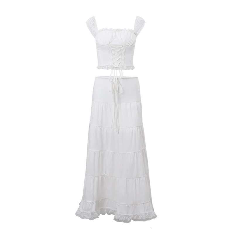 WhereMery Temperament Lace Off Shoulder Halter Tops and Lowwaist Drawstring Long Skirts Summer French Gentle Women 2 Piece Set 250514