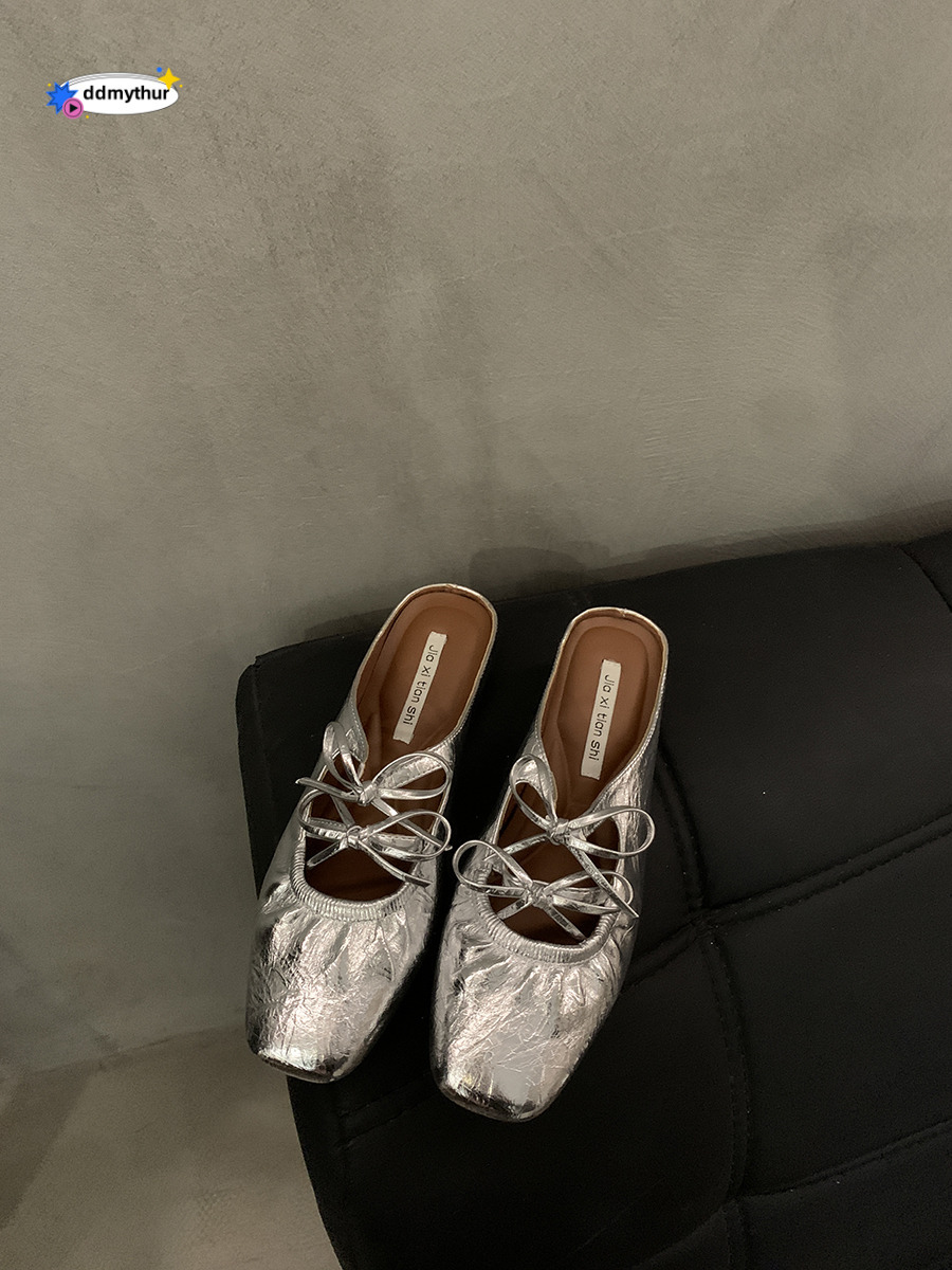 Inner height butterfly bow silver toe cap half drag women's shoes fashionable outer wear 2025 new summer Mary Jane sandals ddmythur