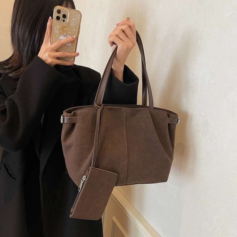 Women Suede Tote Inner Pocket Underarm with Zipper Solid Color Satchel Bag for Work Travel