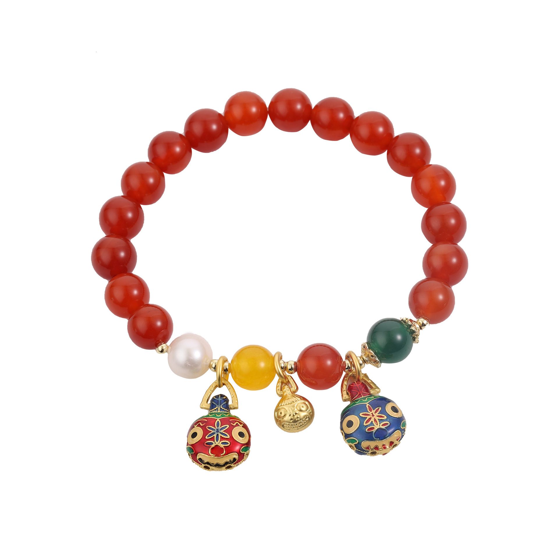 Ethnic ancient style crystal couple agate bead swallowing gold beast double circle big red bracelet