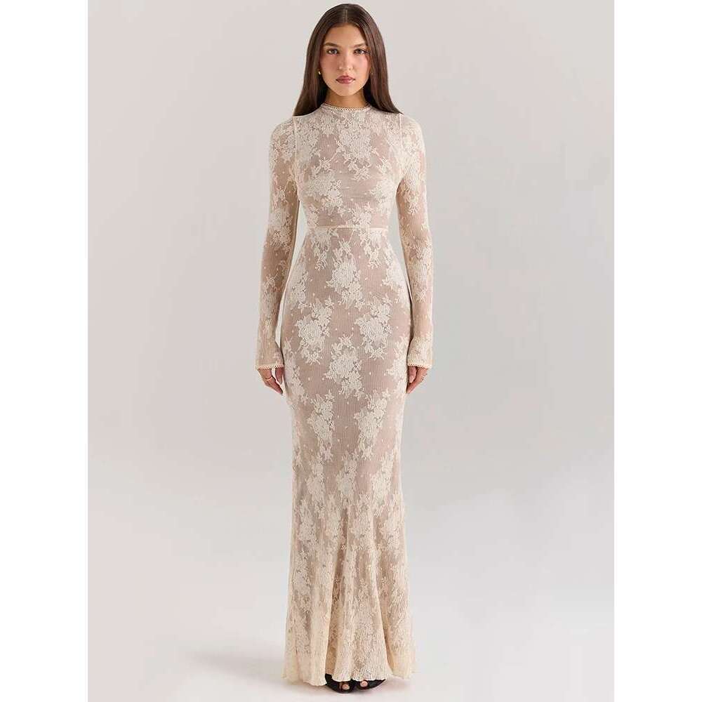 Mozision Lace Print Sleeve Sexy Maxi For Women White Zipper Half High Collar Bodycon Fashion Elegant Long Dress