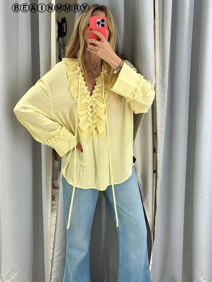 Ruffles Full Sleeve Chiffon Solid Shirt Women Casual Loose V Neck Yellow High Street Blouses 2025 Spring Summer Holiday Tops 250513