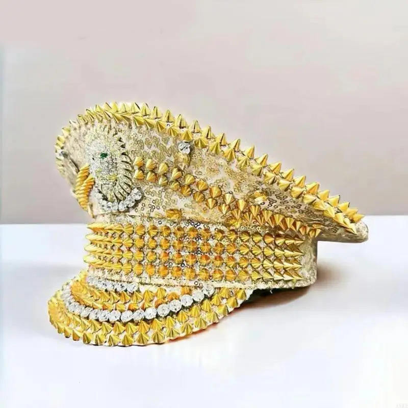 Gold Lion Sequined Rivet Studded Hat Headwear For Fashion Women Night Event Theme Party Accessories Marine Hat Headpiece 250513