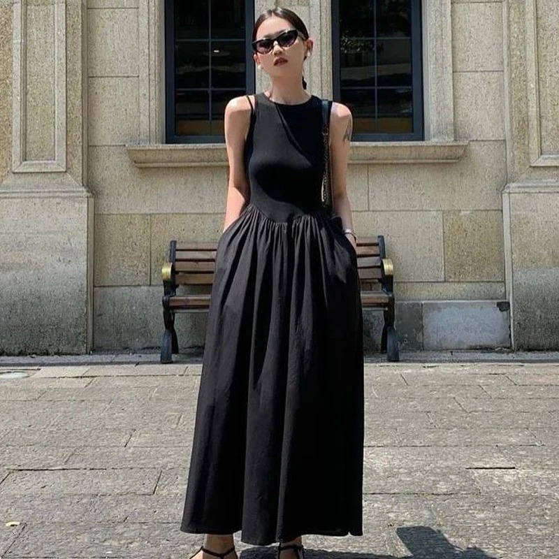 TRAF Black Dress Women Slim Simple O Neck Sleeveless Long Holiday Street Casual Dresses Womens Summer 250514