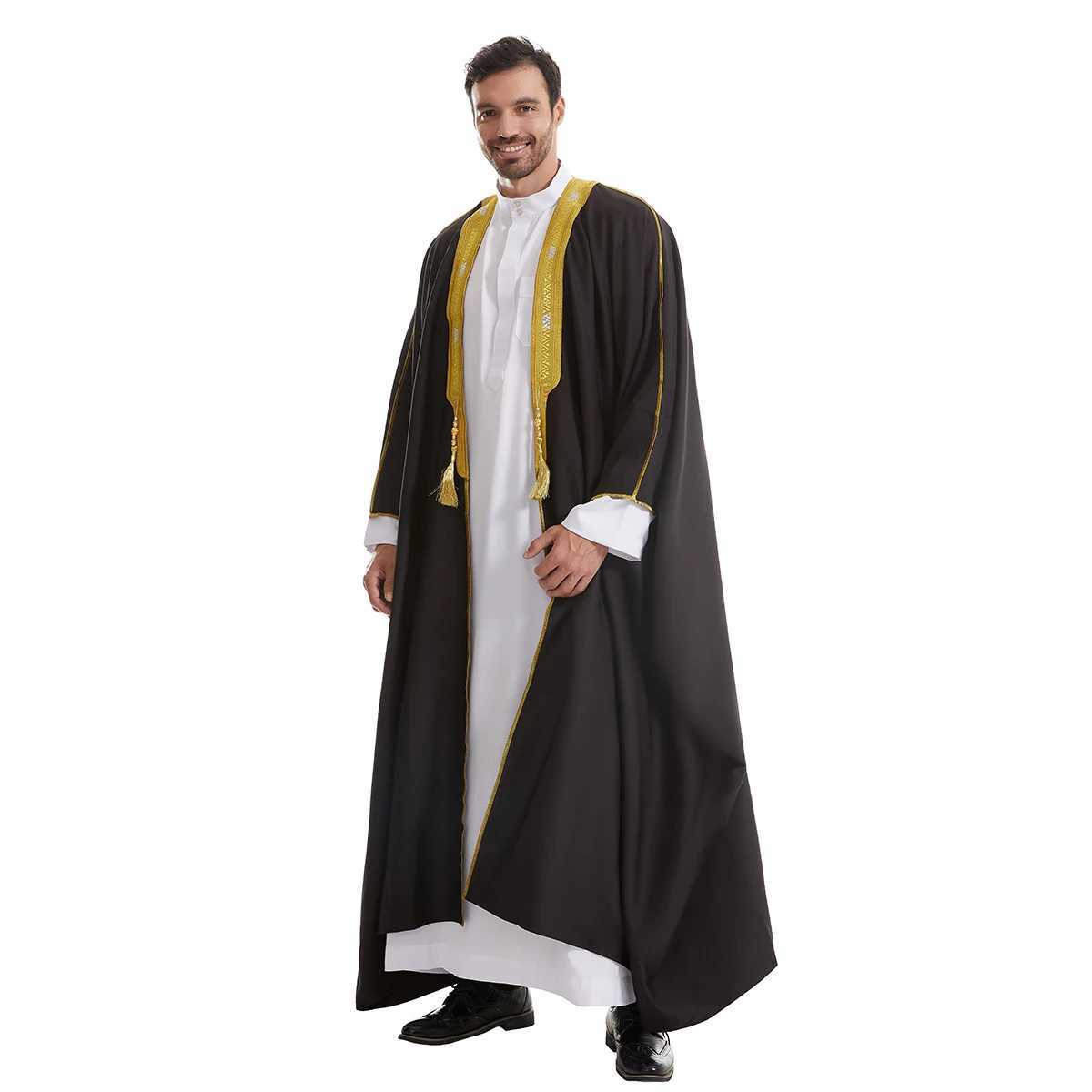 Muslim Men Long Sleeves PureColor Tassel Embroidery Cardigan Robe Arab Male Adult Ankle Length Bisht Thobe Ramadan Eid Clothes X250514