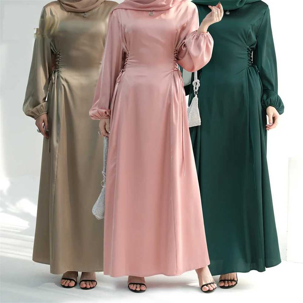 Lace Up Satin Dress Muslim Women Long Slves Dubai Turkey Modest Robe Islamic Clothing Elegant Abaya Gown Ramadan Eid Party X250514