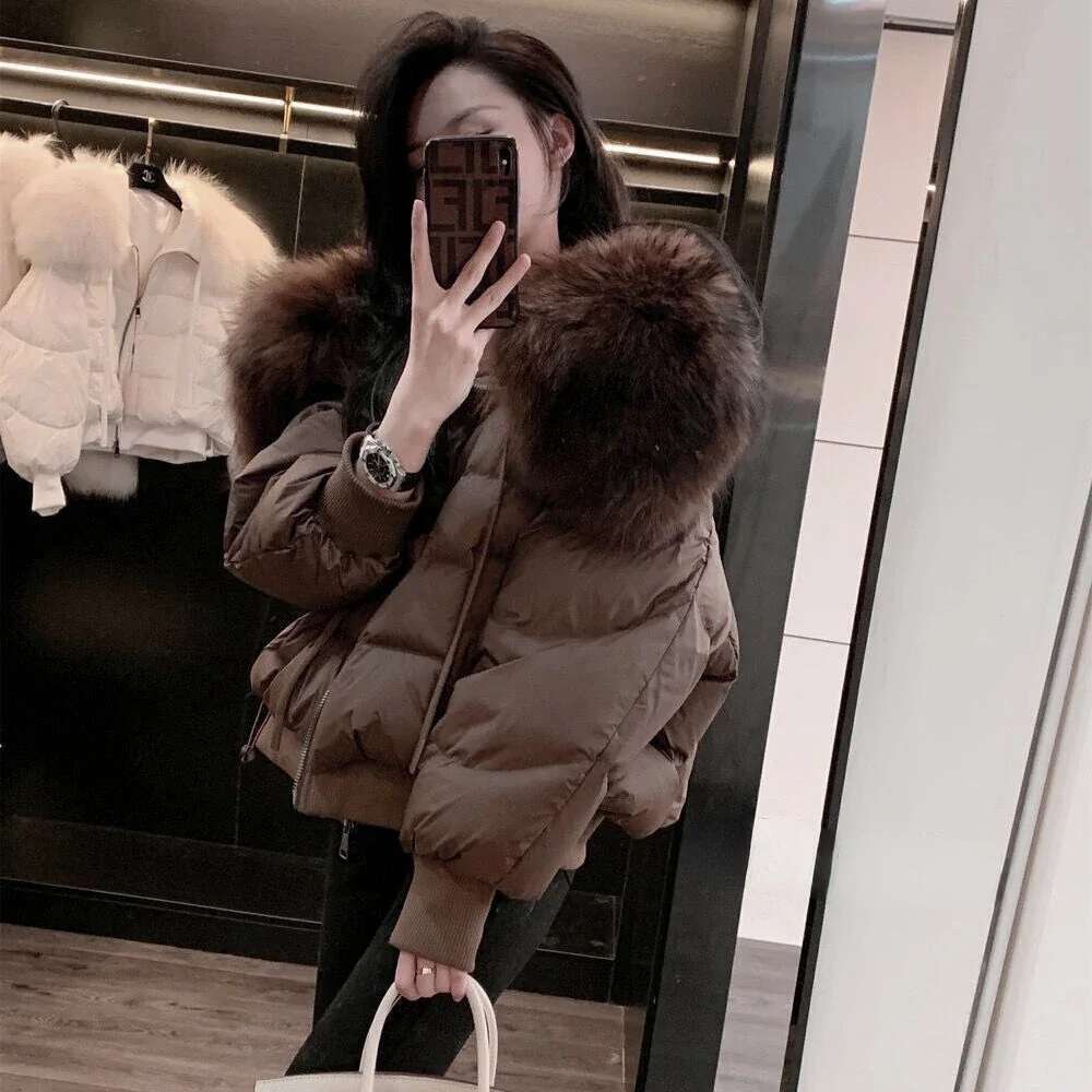Puffer Jacket Newest White Duck Down Short Parkas Female Women 2024 Winter Thick Loose Casual Real Natural Raccoon Fur Coat