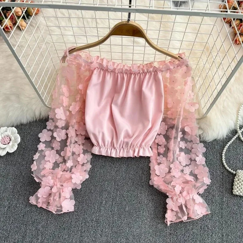 Flower Threedimensional Decoration Slash Neck Long Sleeve Womens Blouse Shirt Korean Fashion Female Clothing Tops Summer 250514