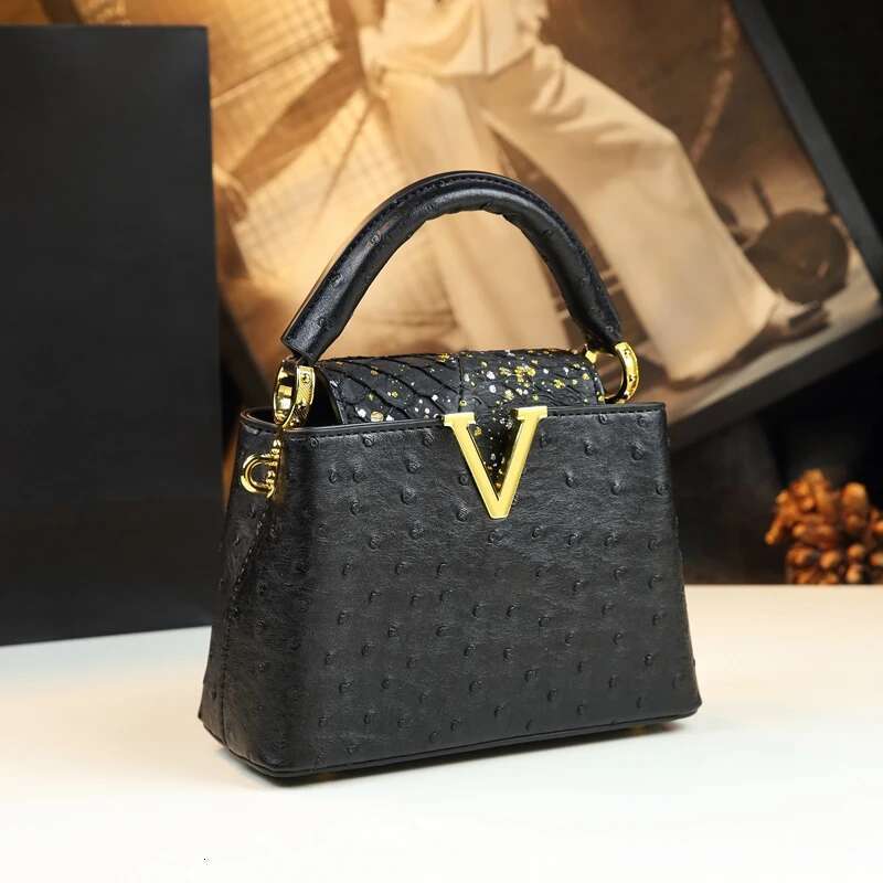 Fashion Leather Women's Handbags V Letter Small Shoulder Crossbody Bag Niche Ostrich Print Portable Messenger Shell Bags