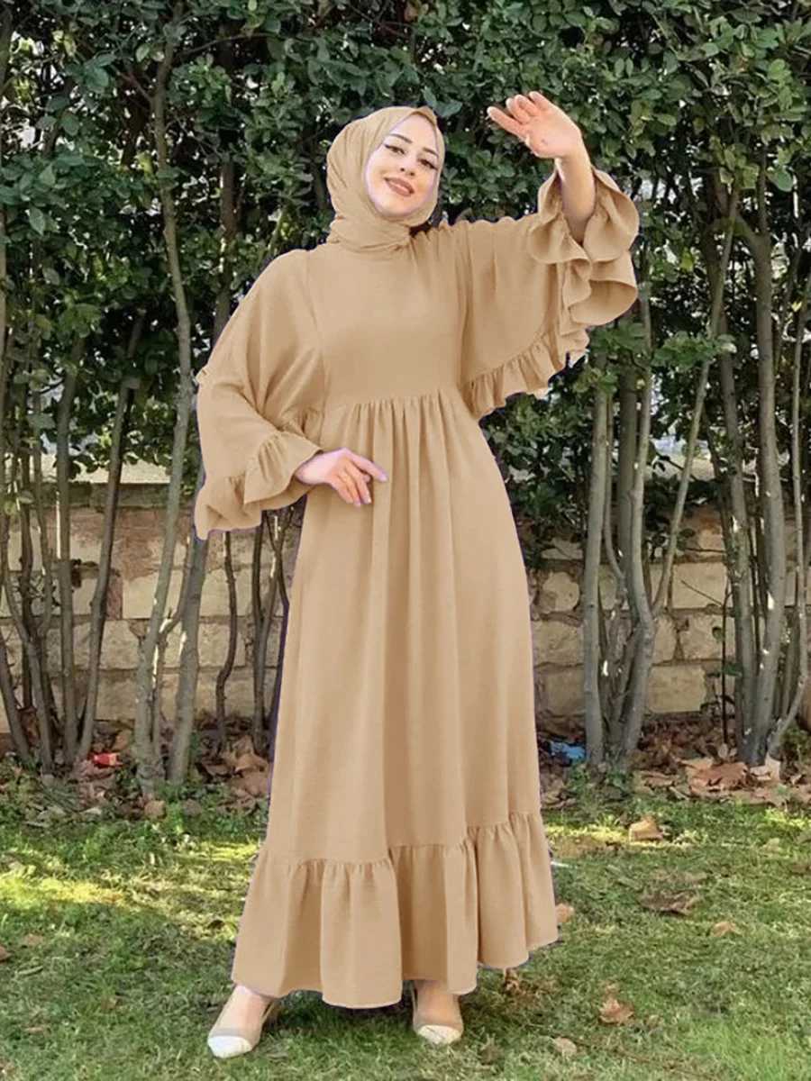 New Muslim fashion hijab Dubai Abaya long dress Women with belt Solid color patchwork Islamic dress Abaya African dress X250514