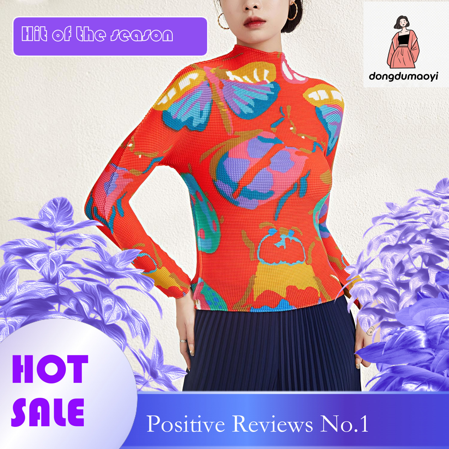 dongdumaoyi Counter quality pleated top women's spring new long sleeved color blocked slim fit and slimming temperament versatile elastic T-shirt