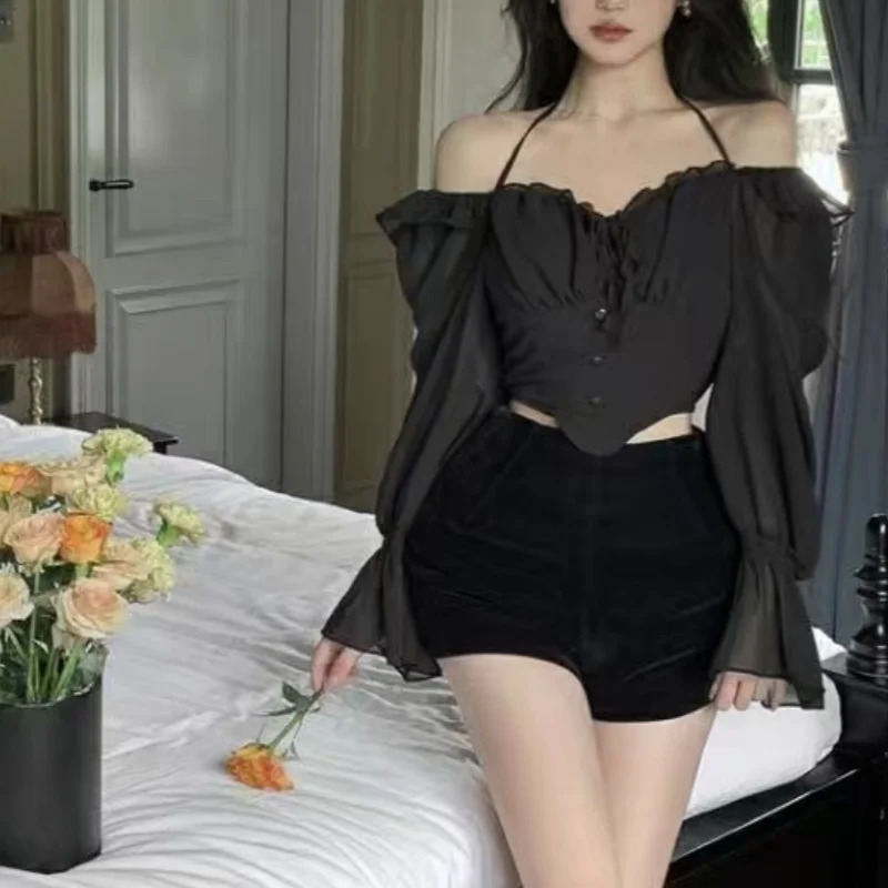Vintage Slash Neck Flare Sleeve Womens Crop Top sweet Gothic Y2K Ladys Shirts Blouses Lace Up Sexy Black Chiffon 250514