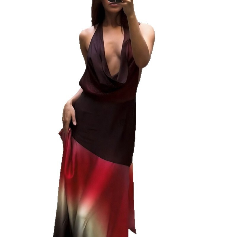 Womens clothing 2025 spring/summer new fashion contrasting print sexy pile neck backless dress for women