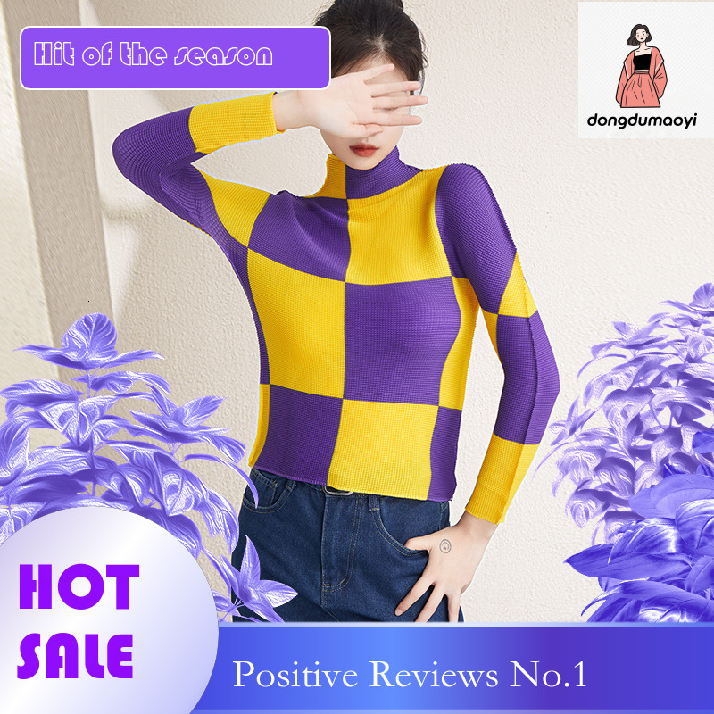 dongdumaoyi Long sleeved base shirt for women's spring and autumn 2024 new slim fit printed checkered pleated half high neck top