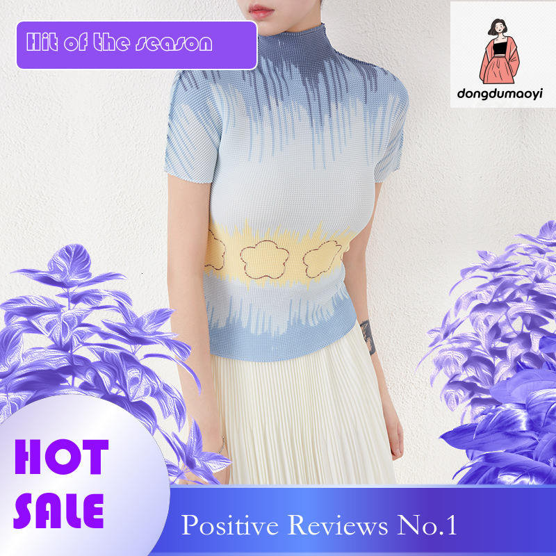 dongdumaoyi Miyake summer thin short sleeved top, slim fit and slimming, elastic pleated printed casual T-shirt, small shirt, women's clothing