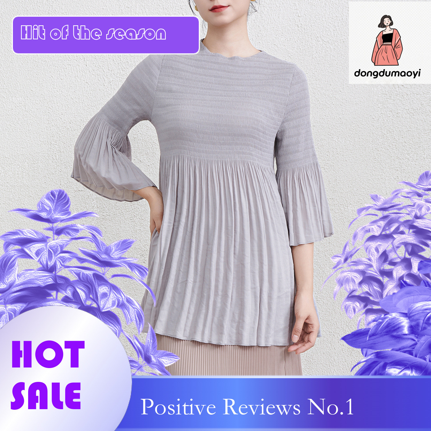 dongdumaoyi Miyake trumpet sleeve round neck pleated T-shirt 2025 spring new large loose medium long style slimming top for women