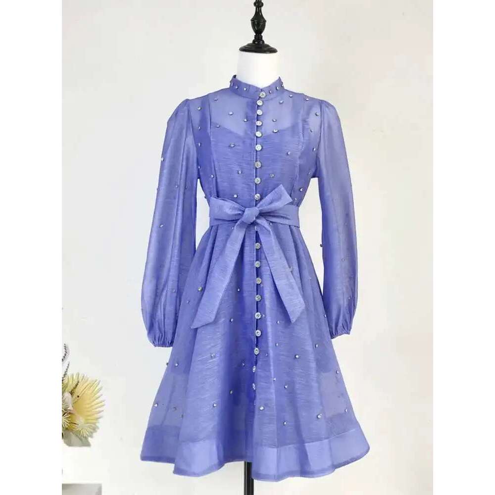 Crystal Short Dresses Women Summer Studded Dia Stand Collar Lantern Sleeve 2025 Sping Loose Evening Party Vestidos
