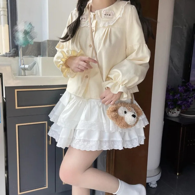 Harajuku Sweet Bow White Lace Skirt Women Y2K High Waist Ruched Cake Skirts Spring Autumn Basic Simple Layered Foldas 250514