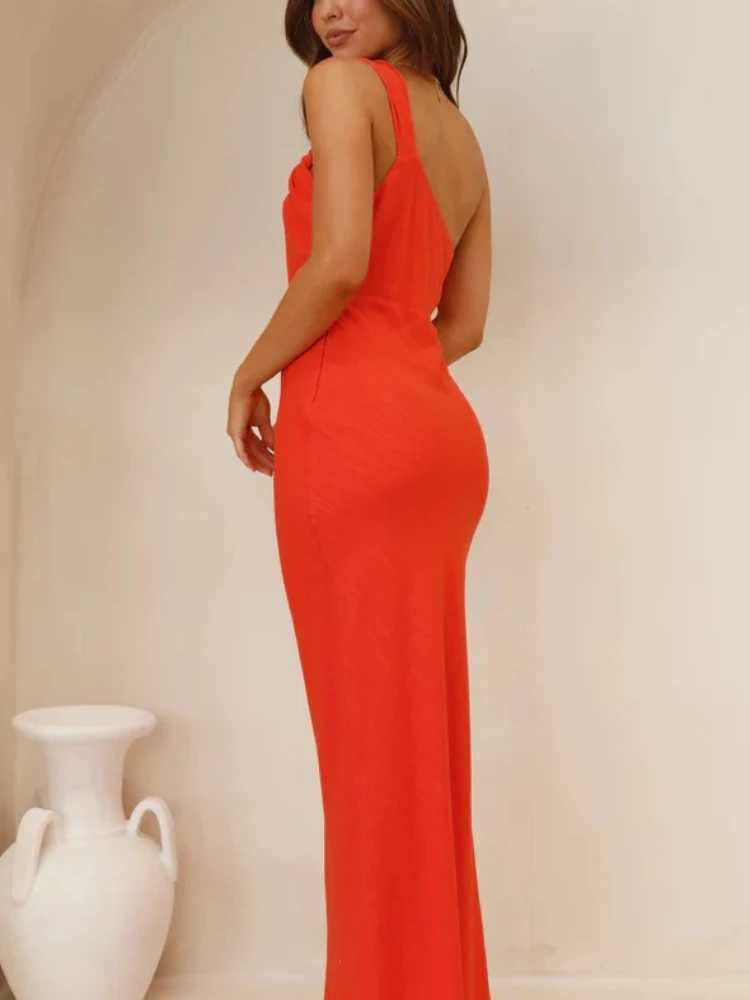 2025 Summer Fashion New Womens Satin Elegant Dress with Slanted Shoulders and Sexy Hip Hugging Style Solid Color SkirtXJ250514