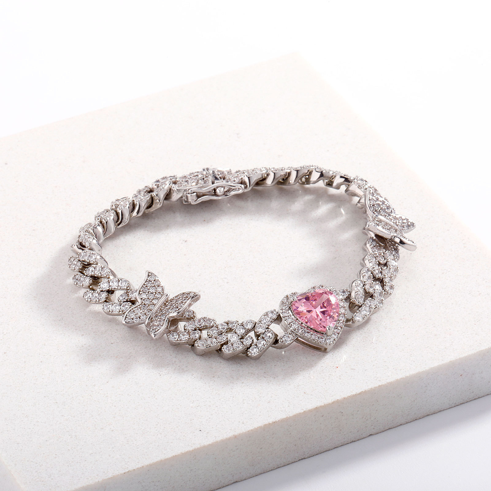Bling Cubic Zirconia Butterfly Heart Charm Bracelet For Women Cuban Link Chain Chunky Top Quality Fashion Hip Hop Iced Out Chains Wolf Tide Rapper Jew