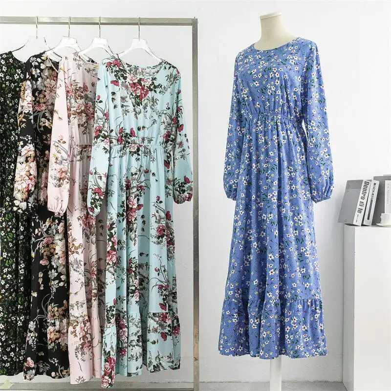 Spring Autumn Women Chiffon Dresses Casual Floral Printed Bark Crinkling Long Dresses O-neck Long Slve Loose Muslim Maxi Dress X250514