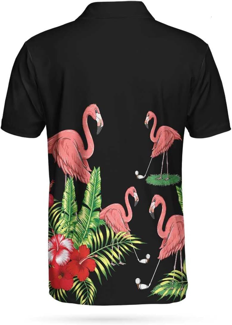 Mens Polo shirt Flamingo Playing Golf And Tropical Pattern Pink Flamingo Short Sleeve Polo Shirt For Golfers, Mens Polo Shirts for Gifts, Short Sleeve