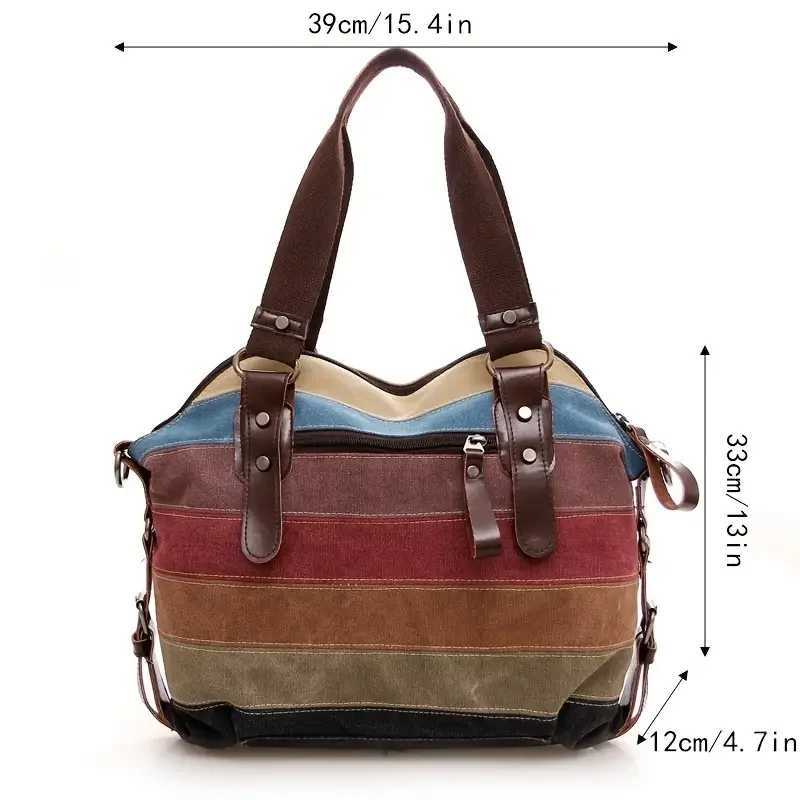 Striped Print Canvas Bag Double Handle Zipper Shoder Bost Bag With Buckle Decor Z250514