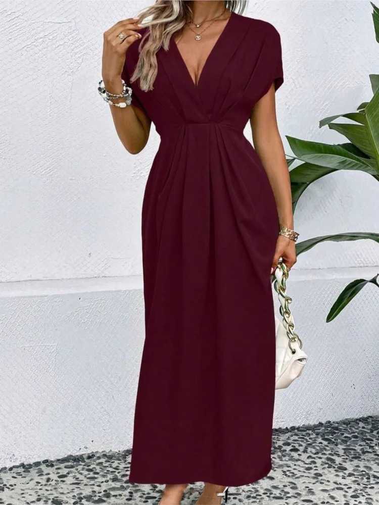 Elegant Women Green Short Sleeve Midi Dress New Spring Summer Sexy Deep V Neck Draped High Waist Office Party Boho Long DressesXJ250514