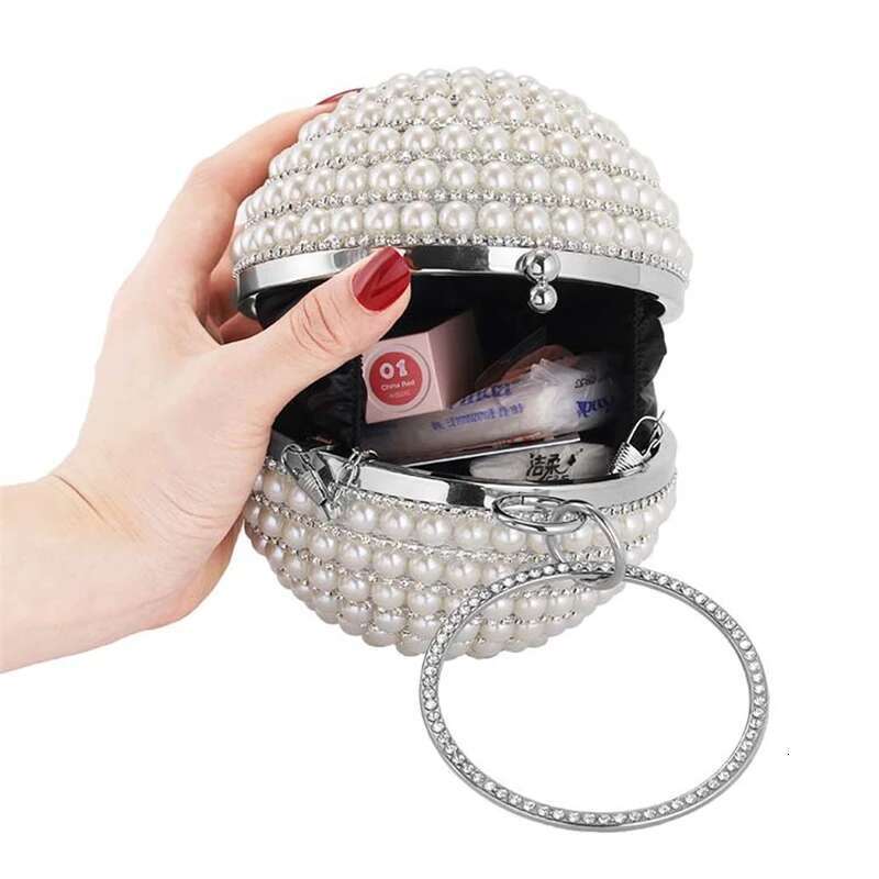Pearl Round Evening Bag With Chain Women Girls Glitter Rhinestones Party Wedding Handbag Ladies Small Crossbody Purses
