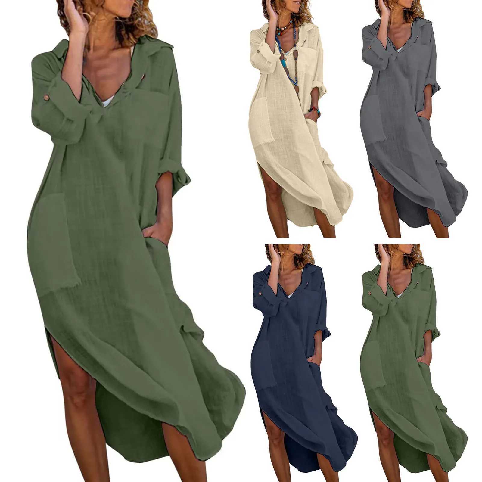Shirt Dress for Women Linen Cotton Clothing 2022 Spring Summer Casual Vintage Oversized Pure Long Midi DressesXJ250514