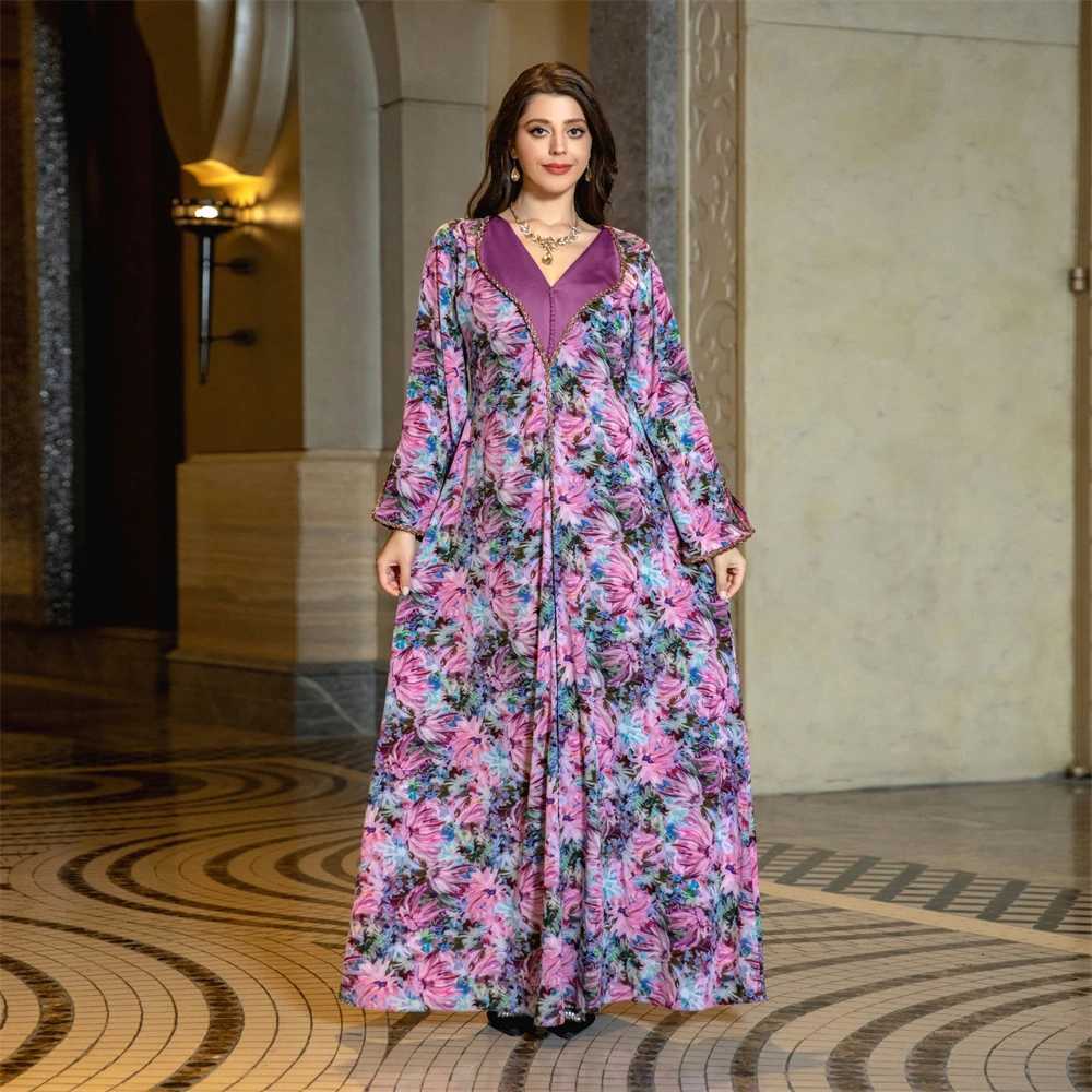 Modest Muslim Women Abaya Floral Print Satin Diamonds Maxi Dresses Kaftan Islamic Party Eid Ramadan Dubai Saudi Morocco Jalabiya X250514