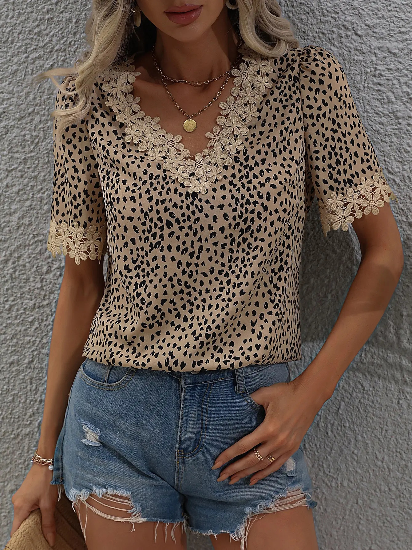 Elegant casual womens shirt Vneck short sleeve lace full body printed 250514