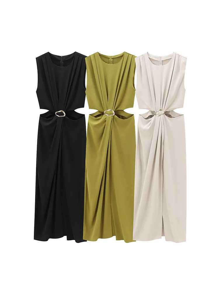 2024 Womens Autumn and Winter New Arrivals Fashion Temperament Open Design Buckle Decoration Sleeveless Long DressXJ250514