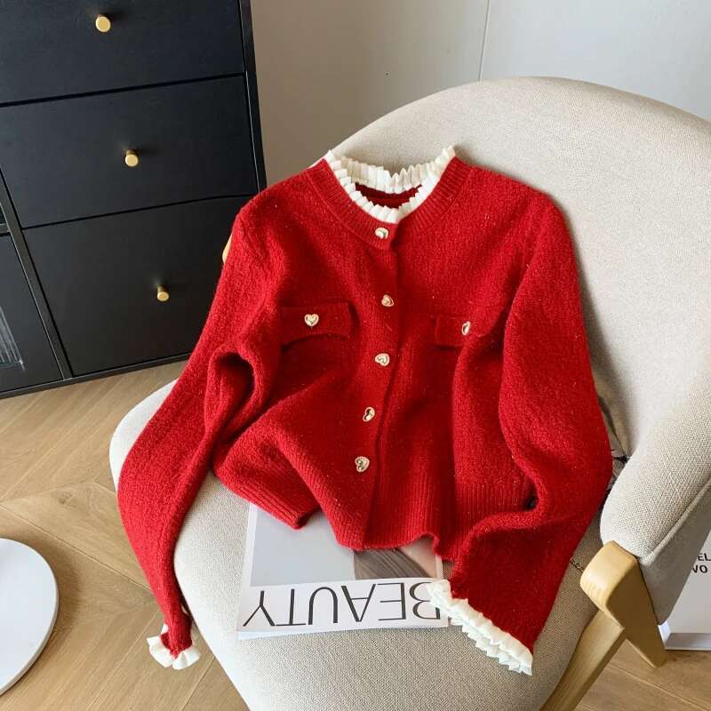 New Autumn Winter Cashmere Sweater Korean Style Casual Ruffles White Pink Red Long Sleeve Knitted Cardigans For Women