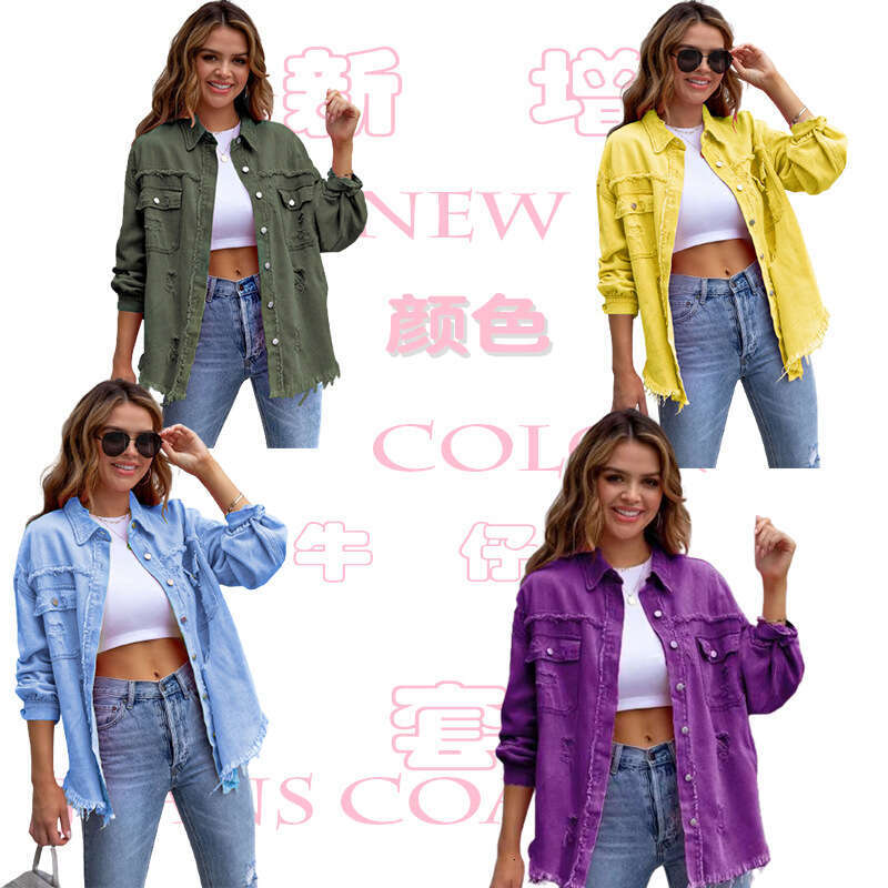 Defined Jacket 2025 New Style Mid Length Denim Jacket with Frayed Edges Holes Womens Autumn and Winter Long Sleeved Casual Lapel Top Autumn Dress Wome
