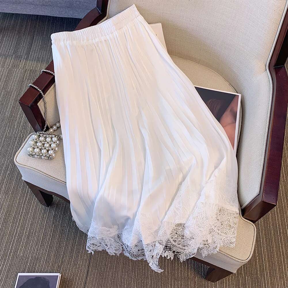 Summer new plus size women's white satin lace hem half-body loose classic versatile medium-length skirt sweet fairy style