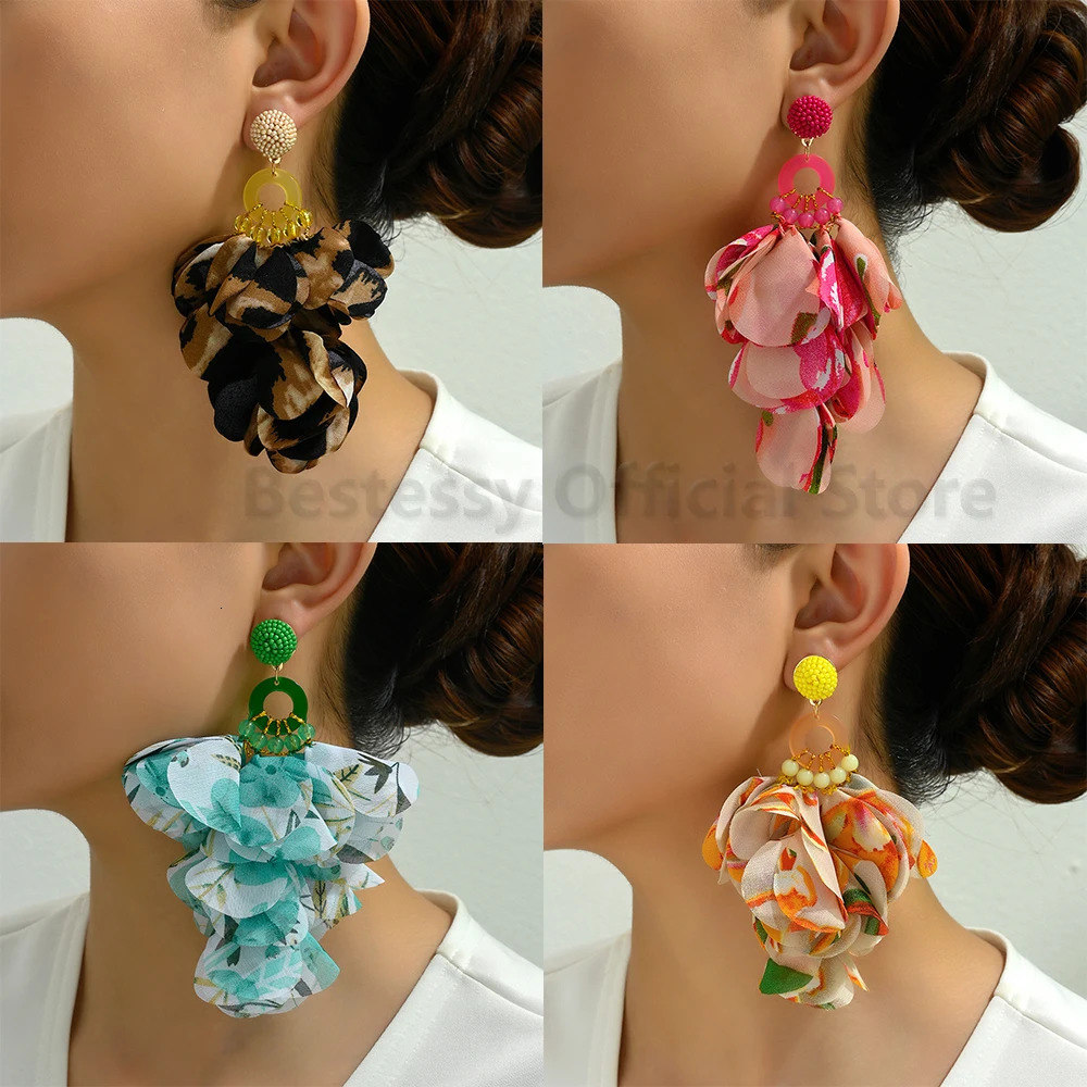 Boho Printed Fabric Flower Petal Decor Dangle Earrings For Women Elegant Handmade Bead Tassel Exaggerated Pendant Jewelry 250514