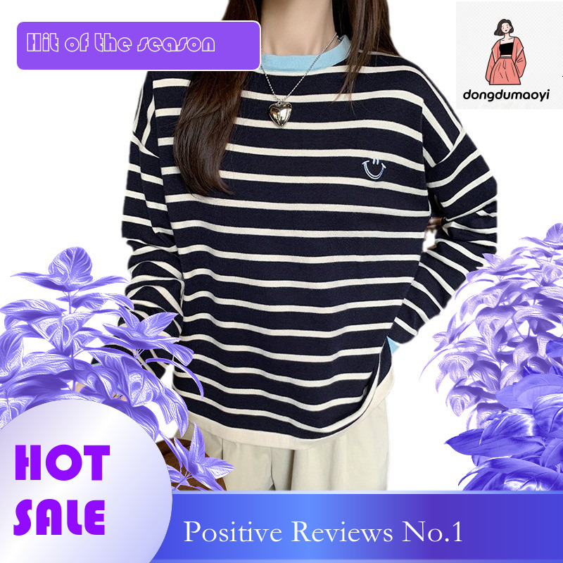 dongdumaoyi Color blocking new striped lazy relaxed long sleeved knitted for women in autumn, loose and belly covering base shirt top