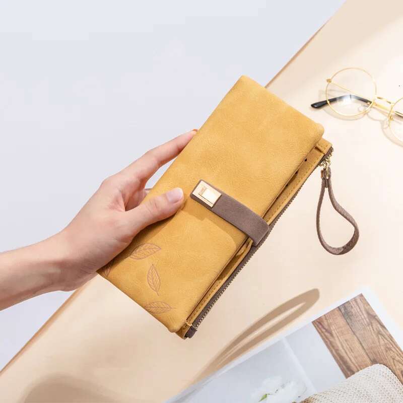 Women Wallet Fashion Long Design Retro PU Leather Credit Card Holder Frosted Leaf Print Buckle Zip Purse Female Handbag Wallets